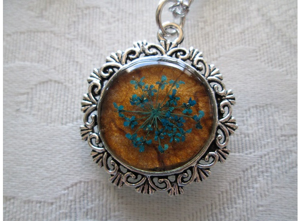 Blue Queen Anne's Lace Flower on Honey Silver Tone Pendant