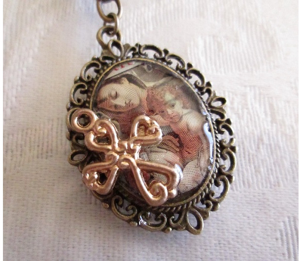 Jesus and Mary with Golden Cross Postage Stamp Bronze Pendant