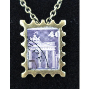 Purple German Architecture postage Stamp Bronze Tone Pendant