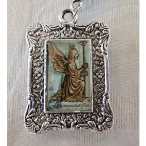 Angel Statue Postage Stamp Silver Tone Pendant / Necklace
