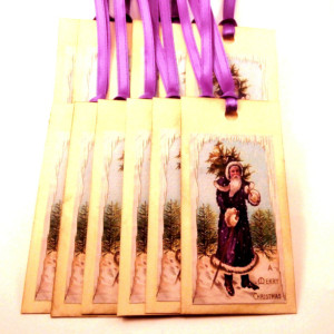 Christmas Tags, Victorian Santa Claus in a Purple Coat - Set of 12