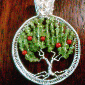 Green Peridot Apple Tree of Life Silver Wire Wrap Pendant with Genuine Coral "Apples" and FREE Matching Earrings!