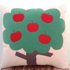 Cashmere Pillow Cover - Apple Tree applique - Made to Order - perfect for kid's room decor - made from upcycled cashmere sweaters