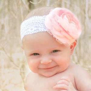 Baby Flower Headband- Wedding Headband- Flower Girl- Pink Flower on Lace Elastic Band Photo Prop