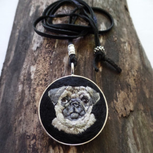Pug Hand Embroidered Necklace
