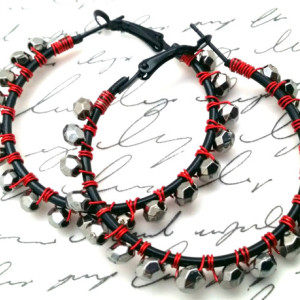 Red Wire Wrap Hoops, Red Black Earrings, Simple Boho Earrings, Trendy Hoop Earrings, Red Silver Hoops, Black Silver Hoops, Holiday Hoops