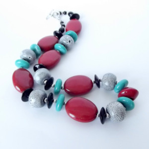 Red and Black Porcelain Necklace, Red, Black, Teal, Beaded, Ceramic Bead, Bold, Chunky, Big, Statement