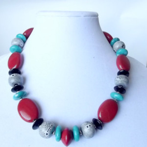 Red and Black Porcelain Necklace, Red, Black, Teal, Beaded, Ceramic Bead, Bold, Chunky, Big, Statement