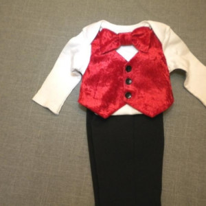 Baby Boy Outfit Christmas Red Velvet Vest Bow Tie Onesie Black Suit Fabric Pants Any Size