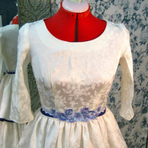 Savannah - 1950s Reworked Vintage Short Brocade Wedding Dress/ White & Purple/ Two Tier Ruffled Skirt/ Sleeves/One of a Kind