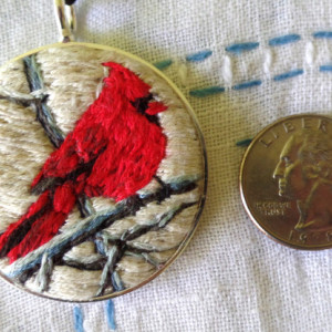 Red Cardinal Hand Embroidered Necklace