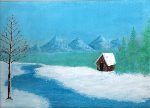 Shack in Ice Landscape Painting