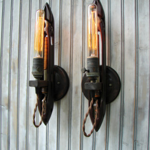 Upcycled Weaving Shuttle Industrial  Wall Sconce Lighting Pair