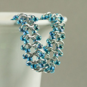 Iridescent Blue & Silver Beaded Chainmaille Lace Bracelet