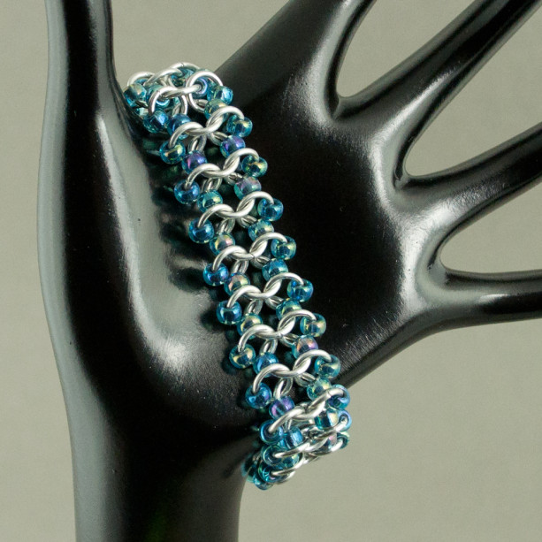 Iridescent Blue & Silver Beaded Chainmaille Lace Bracelet