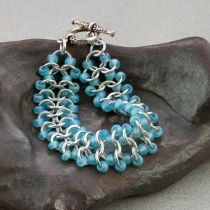 Ice Blue & Silver Beaded Chainmaille Lace Bracelet