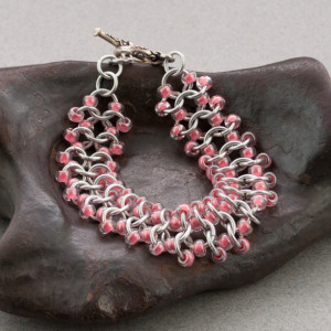 Pink & Silver Beaded Chainmaille Lace Bracelet