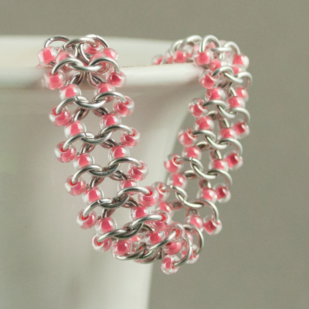 Pink & Silver Beaded Chainmaille Lace Bracelet