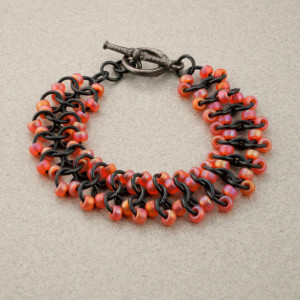 Shimmery Orange & Black Beaded Chainmaille Lace Bracelet