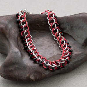 Edgy - Black, Red & Silver Beaded Chainmaille Bracelet