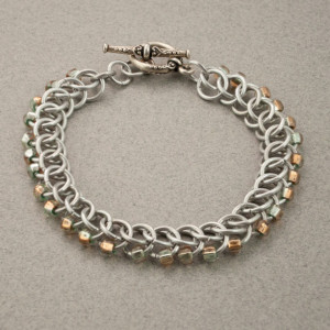Edgy - Pale Blue, Gold & Silver Beaded Chainmaille Bracelet