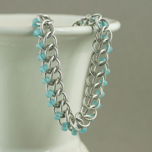 Edgy - Ice Blue & Silver Beaded Chainmaille Bracelet