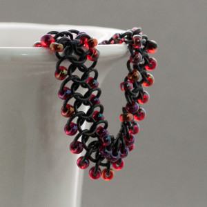 Iridescent Red & Black Beaded Chainmaille Ribbon Bracelet