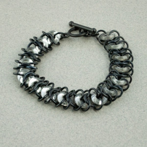 Ringer - Silver & Black Chainmaille Bracelet with Glass Rings