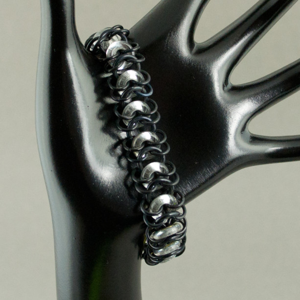 Ringer - Silver & Black Chainmaille Bracelet with Glass Rings