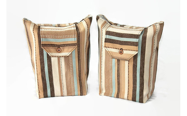 Striped Gift Bags Reusable (Set of 2) Brown Cream Blue Tan Upcycled Cotton 