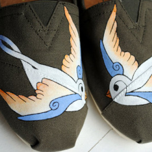 Womens White Swallows on Olive Custom Hand Painted TOMS Bird Design