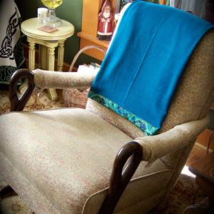 Square Teal Wool Throw Blanket with Bold Paisley Trim