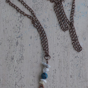 Handmade Bronze Sea Turtle Necklace with White Stones and Blue Beads