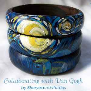 [SOLD] Hand Painted Bracelet Van Gogh Starry Night Bangle Set Original folk ART painting wood Cuff Bracelet 3 puzzle bangles