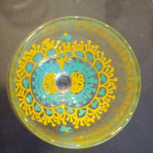 Hand painted Henna Wine Glass Decor Turquoise Blue Yellow FREE SHIPPING