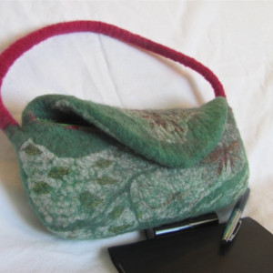 Unique Nuno Felt Handbag - OOAK red violet, green butterfly print